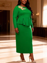 AOMEIDRESS Elegant Bodycon Dress Long Sleeve Floral Appliques Peplum