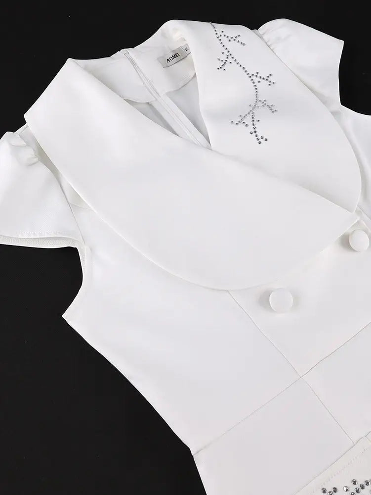AOMEIDRESS Elegant Bodycon Dress Notched Collar Diamond Beading Office
