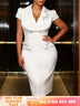 AOMEIDRESS Elegant Bodycon Dress Notched Collar Diamond Beading Office - White / S