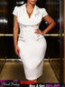 AOMEIDRESS Elegant Bodycon Dress Notched Collar Diamond Beading Office - White / S