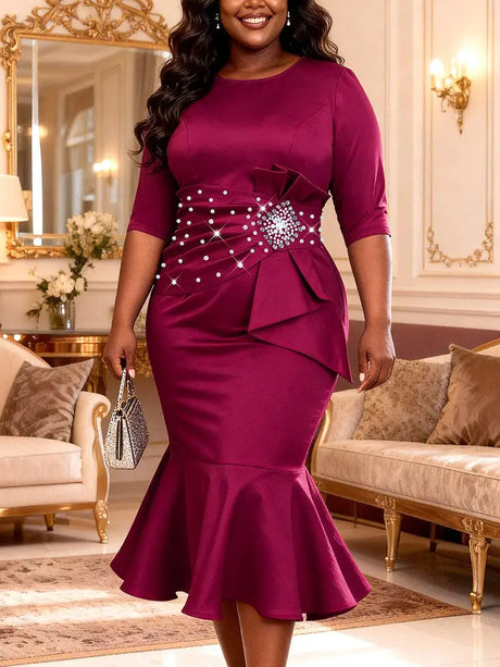 AOMEIDRESS Elegant Bodycon Dress Rhinestone Waist Fishtails Hem Party - Wine / S