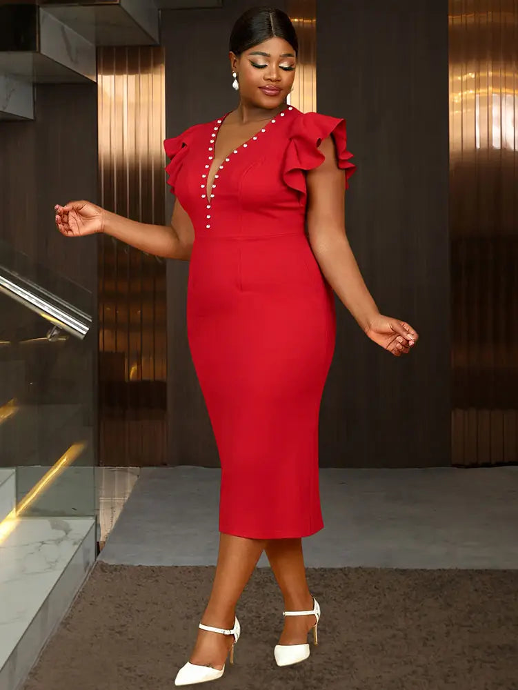 AOMEIDRESS Elegant Bodycon Dress Ruffle Sleeves Studded V Neck Gowns