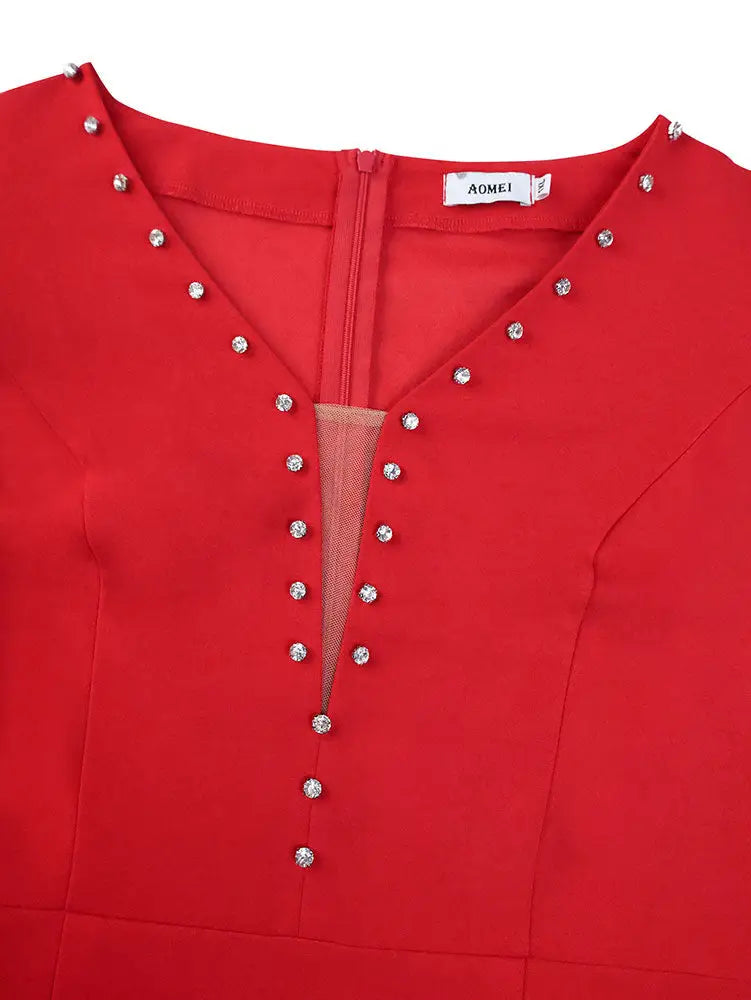 AOMEIDRESS Elegant Bodycon Dress Ruffle Sleeves Studded V Neck Gowns