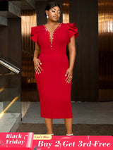 AOMEIDRESS Elegant Bodycon Dress Ruffle Sleeves Studded V Neck Gowns Red / L