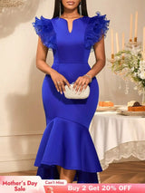 AOMEIDRESS Elegant Bodycon Dress Ruffled Sleeves Fishtails Hem Party - Blue / S