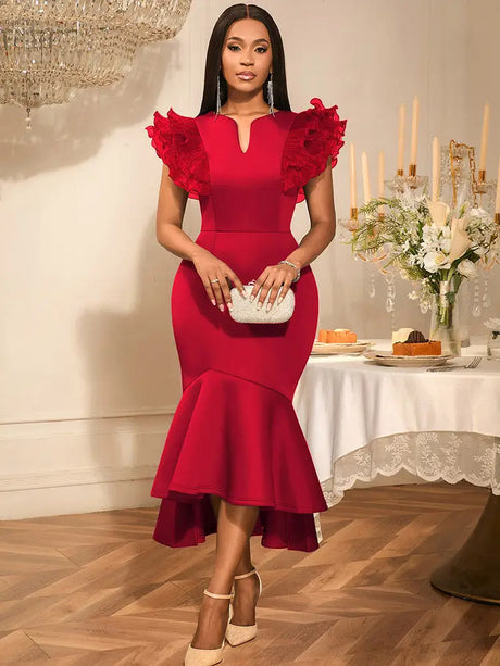AOMEIDRESS Elegant Bodycon Dress Ruffled Sleeves Fishtails Hem Party - Red / S