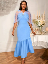 AOMEIDRESS Elegant Bodycon Dress Sheer Cape Fishtail Hem Party Gowns