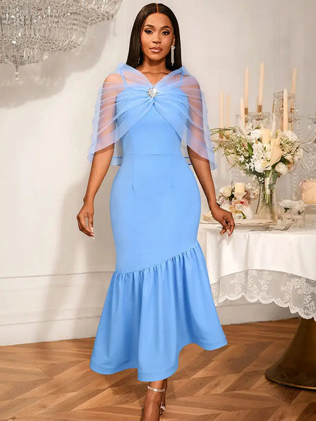 AOMEIDRESS Elegant Bodycon Dress Sheer Cape Fishtail Hem Party Gowns
