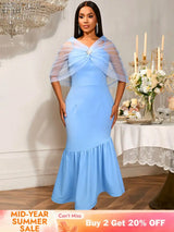 AOMEIDRESS Elegant Bodycon Dress Sheer Cape Fishtail Hem Party Gowns SkyBlue / S