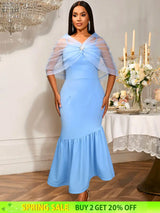 AOMEIDRESS Elegant Bodycon Dress Sheer Cape Fishtail Hem Party Gowns SkyBlue / S