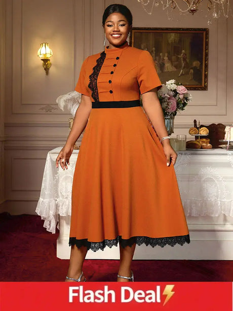 AOMEIDRESS Elegant Brown A Line Midi Church Dress With Lace Trim Button