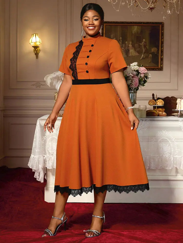 AOMEIDRESS Elegant Brown A Line Midi Church Dress With Lace Trim Button