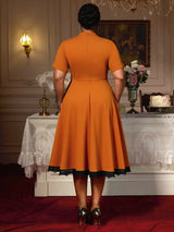 AOMEIDRESS Elegant Brown A Line Midi Church Dress With Lace Trim Button