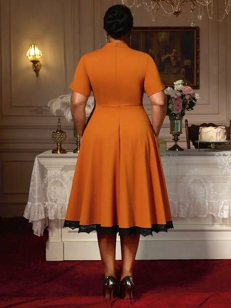 AOMEIDRESS Elegant Brown A Line Midi Church Dress With Lace Trim Button