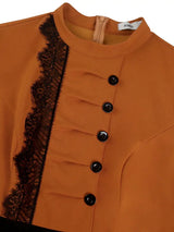 AOMEIDRESS Elegant Brown A Line Midi Church Dress With Lace Trim Button