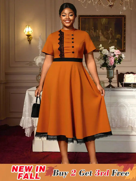 AOMEIDRESS Elegant Brown A Line Midi Church Dress With Lace Trim Button Brown / S