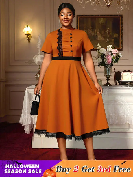 AOMEIDRESS Elegant Brown A Line Midi Church Dress With Lace Trim Button Brown / S