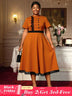 AOMEIDRESS Elegant Brown A Line Midi Church Dress With Lace Trim Button Brown / S