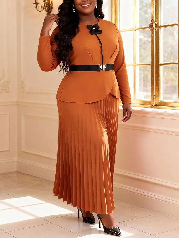 AOMEIDRESS Elegant Brown A Line Pleated Dress Peplum with Belted