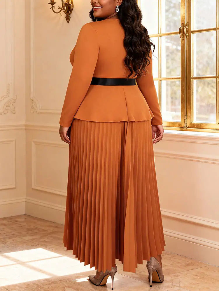 AOMEIDRESS Elegant Brown A Line Pleated Dress Peplum with Belted