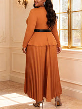 AOMEIDRESS Elegant Brown A Line Pleated Dress Peplum with Belted