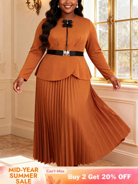 AOMEIDRESS Elegant Brown A Line Pleated Dress Peplum with Belted Brown / L