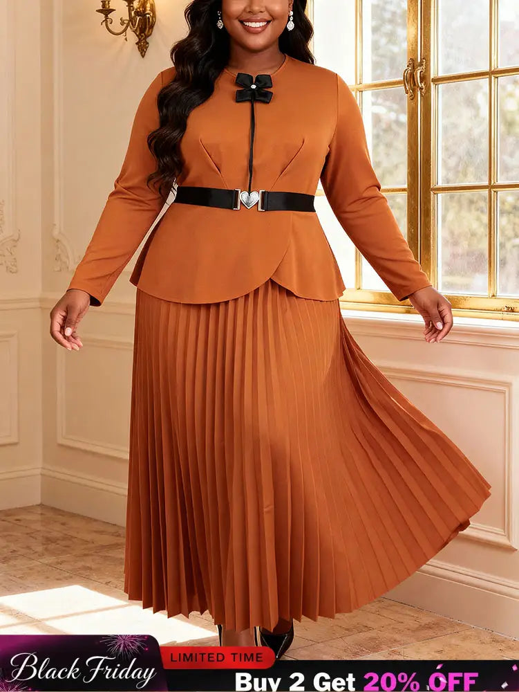 AOMEIDRESS Elegant Brown A Line Pleated Dress Peplum with Belted Brown / L