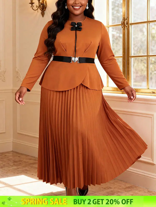 AOMEIDRESS Elegant Brown A Line Pleated Dress Peplum with Belted Brown / L