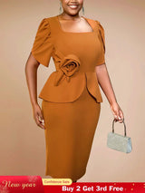 AOMEIDRESS Elegant Brown Bodycon Dress Short Sleeves 3D Flower Peplum