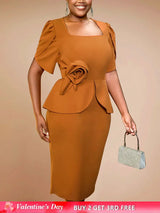 AOMEIDRESS Elegant Brown Bodycon Dress Short Sleeves 3D Flower Peplum