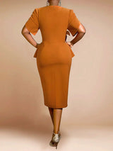 AOMEIDRESS Elegant Brown Bodycon Dress Short Sleeves 3D Flower Peplum