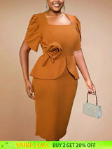 AOMEIDRESS Elegant Brown Bodycon Dress Short Sleeves 3D Flower Peplum