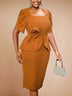 AOMEIDRESS Elegant Brown Bodycon Dress Short Sleeves 3D Flower Peplum Brown / L