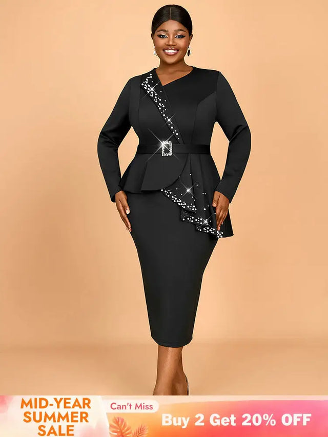 AOMEIDRESS Elegant Business Casual Beaded Dress For Women Package Hip Black / 0XL