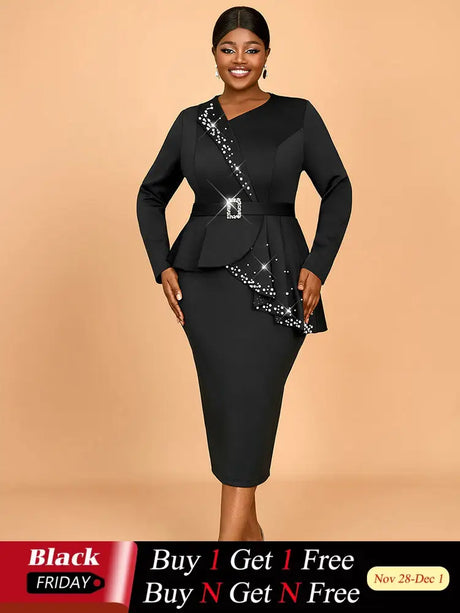 AOMEIDRESS Elegant Business Casual Beaded Dress For Women Package Hip Black / 0XL