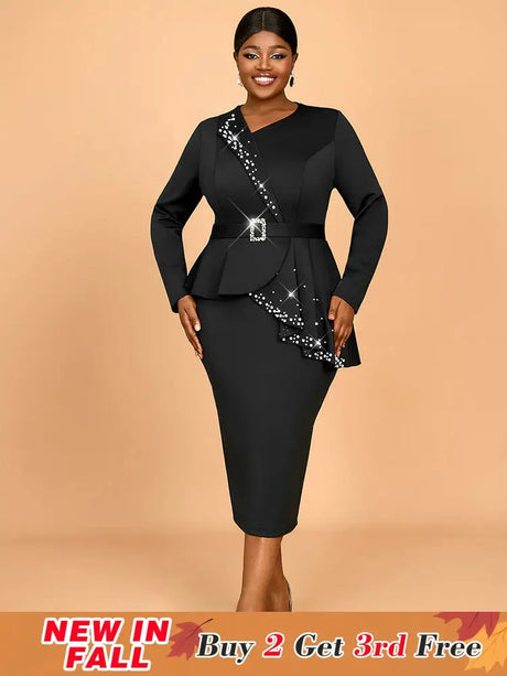 AOMEIDRESS Elegant Business Casual Beaded Dress For Women Package Hip Black / 0XL