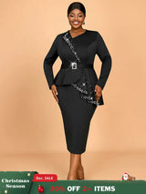 AOMEIDRESS Elegant Business Casual Beaded Dress For Women Package Hip Black / 0XL