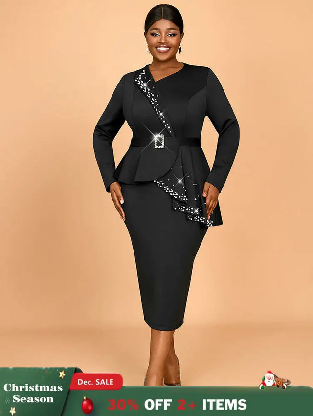 AOMEIDRESS Elegant Business Casual Beaded Dress For Women Package Hip Black / 0XL