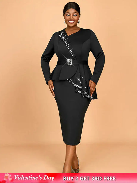 AOMEIDRESS Elegant Business Casual Beaded Dress For Women Package Hip Black / 0XL