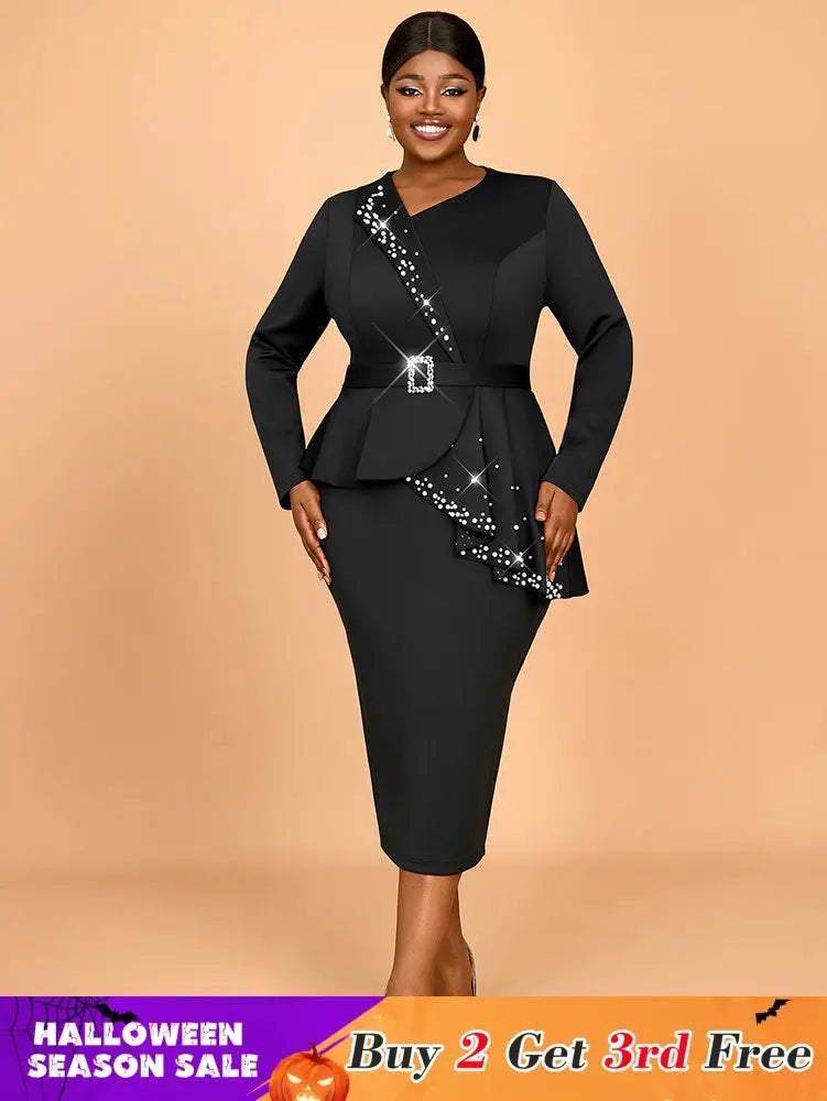 AOMEIDRESS Elegant Business Casual Beaded Dress For Women Package Hip Black / 0XL