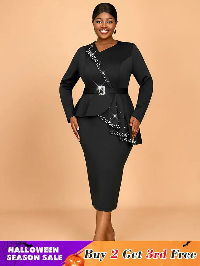 AOMEIDRESS Elegant Business Casual Beaded Dress For Women Package Hip Black / 0XL