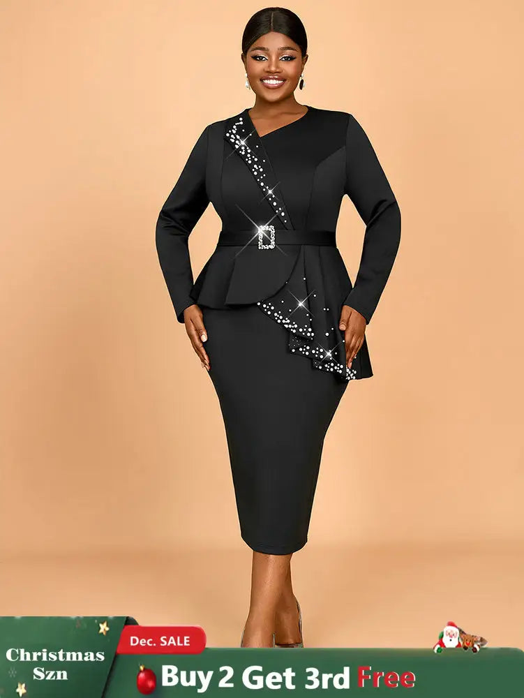 AOMEIDRESS Elegant Business Casual Beaded Dress For Women Package Hip Black / 0XL