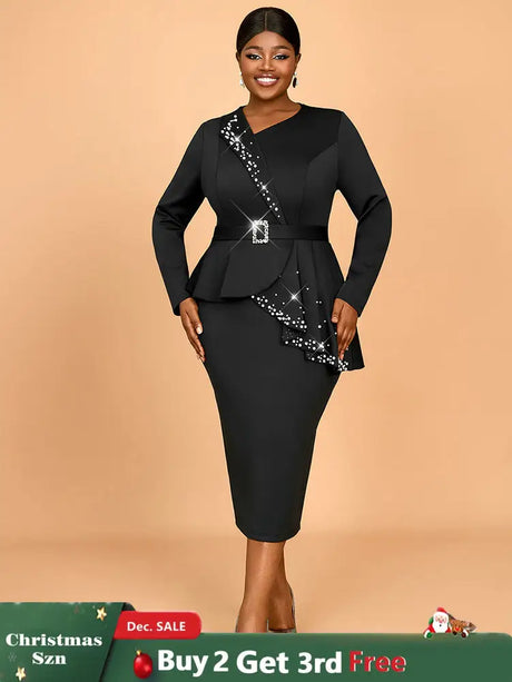 AOMEIDRESS Elegant Business Casual Beaded Dress For Women Package Hip Black / 0XL