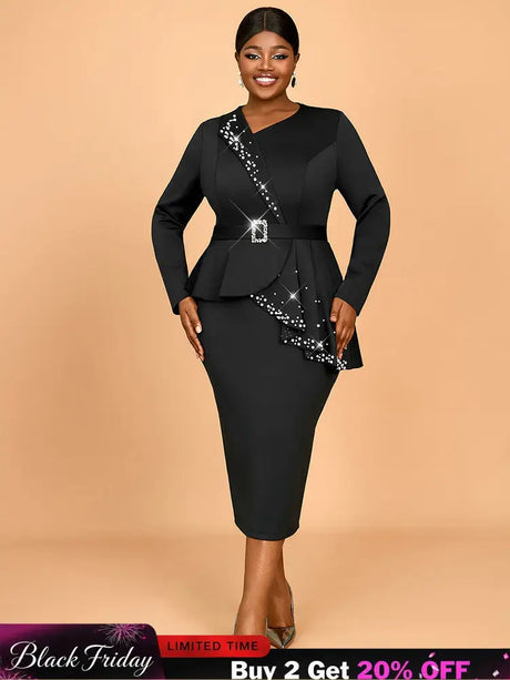 AOMEIDRESS Elegant Business Casual Beaded Dress For Women Package Hip Black / 0XL