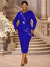 AOMEIDRESS Elegant Business Casual Beaded Dress For Women Package Hip Blue / 0XL
