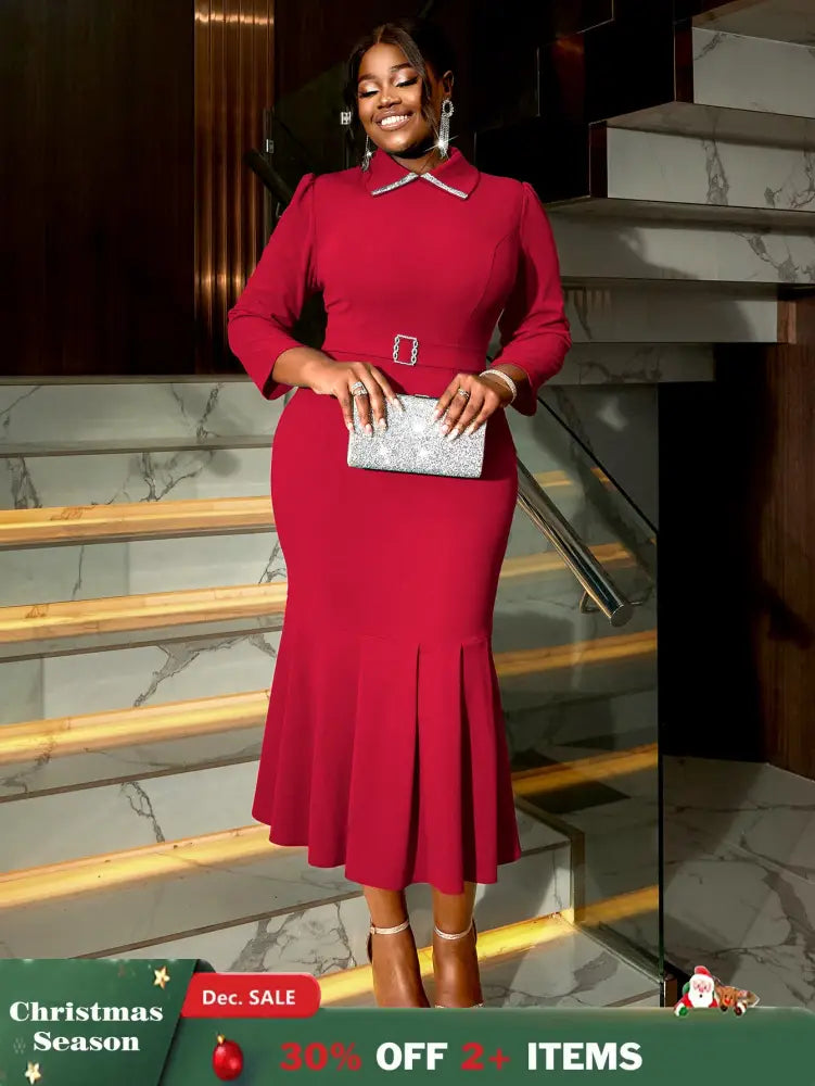 AOMEIDRESS Elegant Church Dresses for Women Mermaid Long Sleeves Red / S