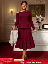 AOMEIDRESS Elegant Co-Ords for Christmas Wedding Slanted Shoulder Top Wine / S