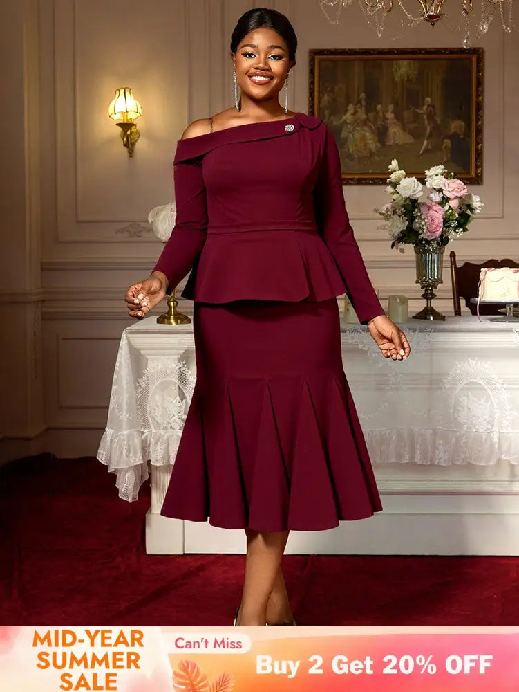 AOMEIDRESS Elegant Co-Ords for Christmas Wedding Slanted Shoulder Top Wine / S
