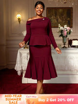 AOMEIDRESS Elegant Co-Ords for Christmas Wedding Slanted Shoulder Top Wine / S
