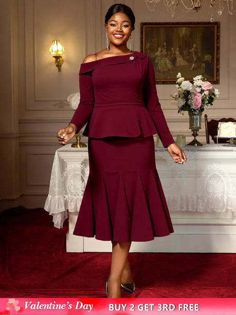 AOMEIDRESS Elegant Co-Ords for Christmas Wedding Slanted Shoulder Top Wine / S